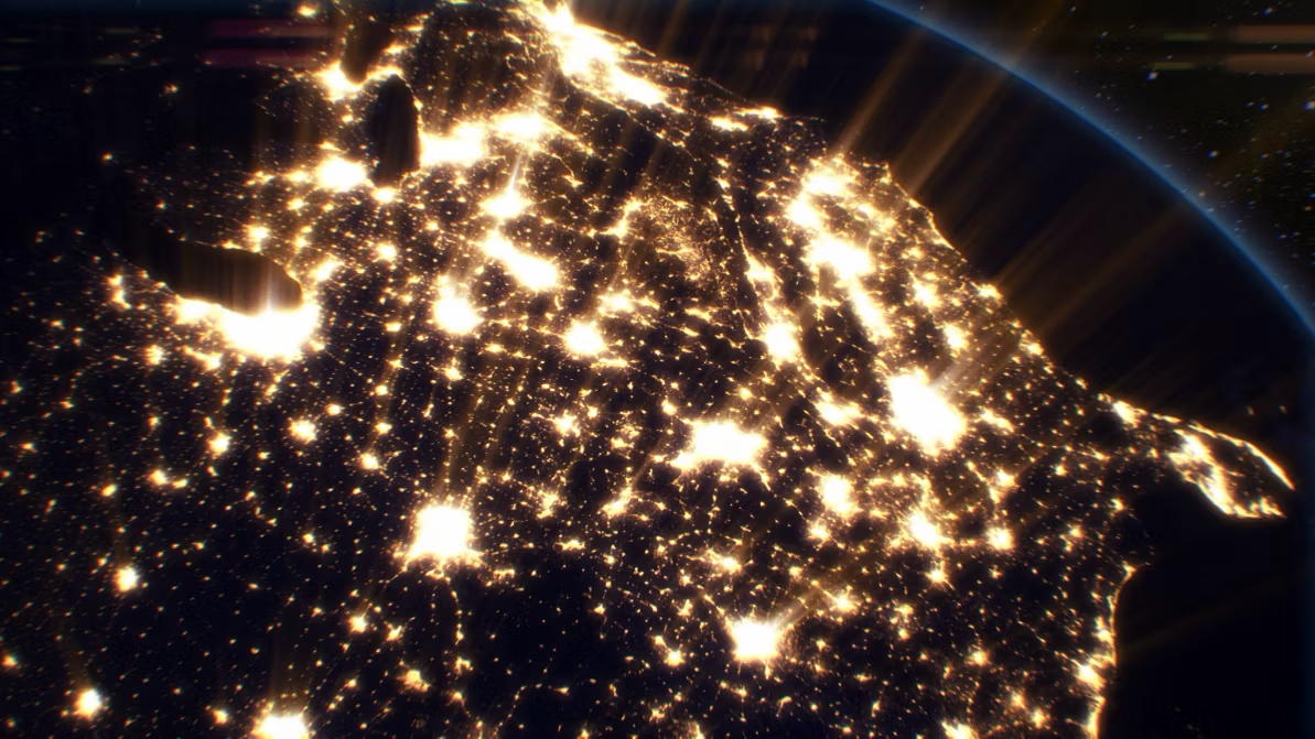 Perspective image from space of city lights on Earth